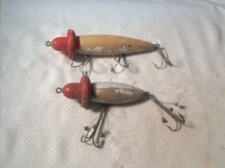 Vintage Old Wood Fishing Lure 2 South Bend Wood Pecker Baits R/w Bings Hooks
