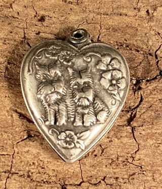 Vtg Antique Sterling Silver Double Scottie Dog Floral Puppy Puffy Heart Charm