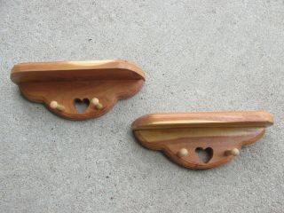 2 Vtg Handcrafted Natural (cedar?) Solid Wood Wall Shelf Heart Cut Out W/pegs 9 "