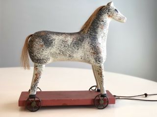 Sarreid Ltd Handcrafted In Spain Folk Art Wood Horse On Wheels Carving 13 " Rare