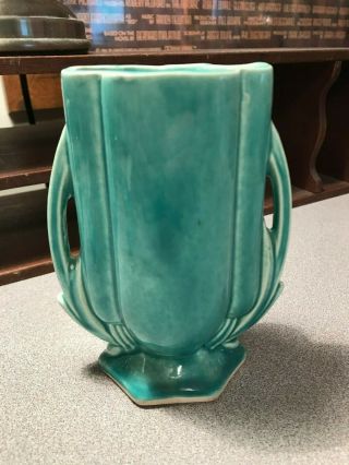 Vintage Mccoy Pottery Blue Green Vase With Handles 5 1/2 " Tall