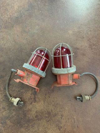 2 Very Rare Vintage Red Globe Industrial Explosion Proof Cage Lights