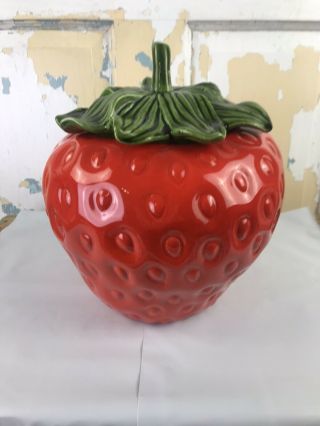 Strawberry Cookie Jar By Metlox Potteries Vintage Made In Usa Red Green Ceramic