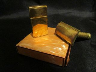 Gillette Known The World Over Antique Brass Razor & Blade Case In Celluloid Case