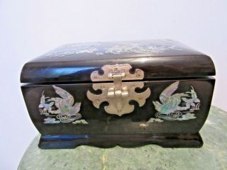 Vintage Black Lacquered Chinese Wooden Jewelry Box With Mother Of Pearl Inlay