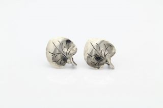 Antique Sterling Silver American Arts & Crafts Aspen Leaf Earrings Screwbacks