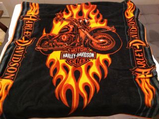 Harley Davidson Rare 2008 Soft Fleece Throw Blanket Flames Motorcycle 50x60