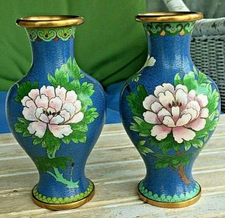 Fine Vintage Chinese Cloisonne 6 " Vases Floral Bird Blue Enamel