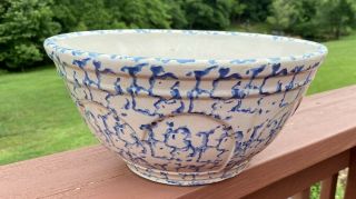 Large Heavy Antique Blue Spongeware Pottery Bowl 12 " Primitive