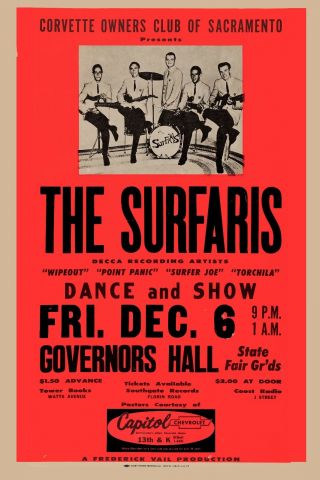 Surf Greats: The Surfaris At Sacramento Rare Concert Poster 1963 13x19
