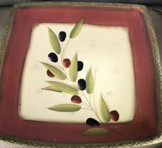 Clay Art Antique Olive Three 11 " Square Dinner Plates Olives Red Tan Green Edge