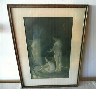 Vintage Framed & Matted Print Lithograph After The Bath Artist Signed Paul Peels