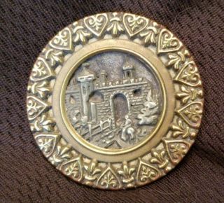 Antique Brass Picture Button,  Castle,  The Return Of The Prince,  1 - 1/2 "