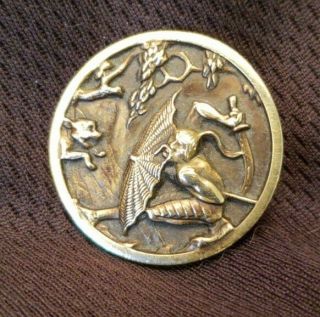 Antique Brass Picture Button,  Fable,  Chinese Man W Umbrella Fighting Off Dog Lg.