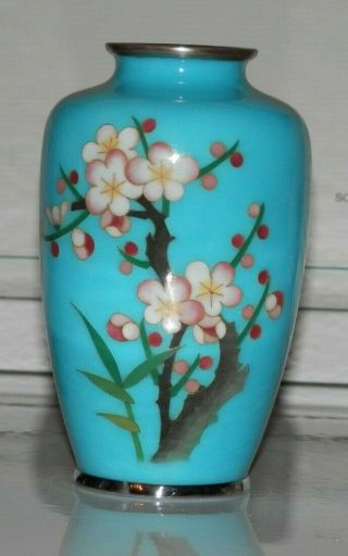 Vintage Cloisonne Japanese Sato Vase - Blue/aqua With Flowers.