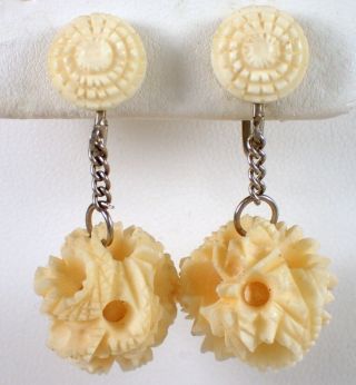 Estate Antique Vtg Chinese Hand Carved Puzzle Ball Dangle Chain Screw Earrings