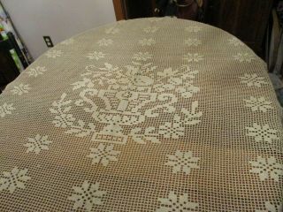 Antique/vintage Ecru Hand Made Floral Filet Crochet Lace Tablecloth/bed Cover