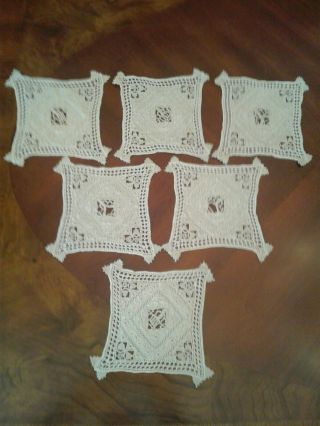 6 Antique Linen Hand Embroidered Lace Rare Small Doilies Glass Coasters