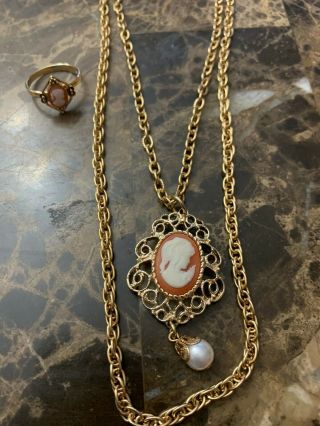 Cameo Fashion Gold Tone Necklace And Ring - Sarah Coventry Jewelry