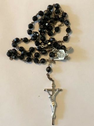 Vintage Antique Jet Black Bead Rosary Crucifix Cross Jesus Mary Italy Silver