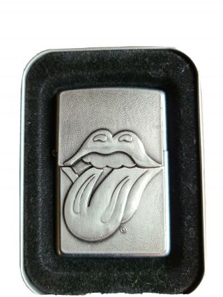 Rolling Stones Rare Zippo Trick Tongue Chrome Lighter In Metal Case