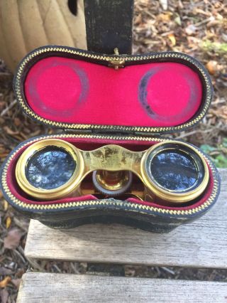 Antique French Opera Glasses Binoculars MOP LeMaire Paris with Leather Case 3