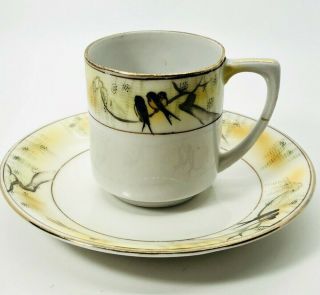 Made In Japan Mini Tea Cup And Saucer Yellow/gold Hand Painted With Birds Tree