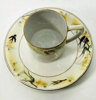 Made In Japan Mini Tea Cup And Saucer Yellow/Gold Hand Painted with Birds Tree 2
