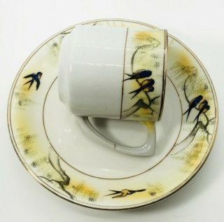 Made In Japan Mini Tea Cup And Saucer Yellow/Gold Hand Painted with Birds Tree 3