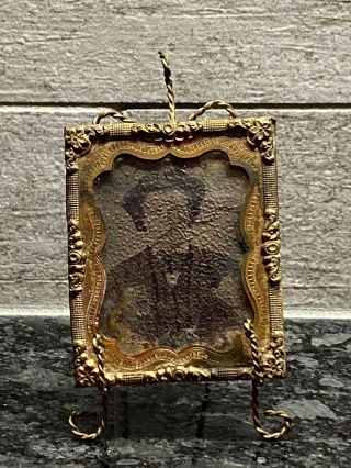 Antique Tin Type Photo Rare To Find Copper Frame And Stand