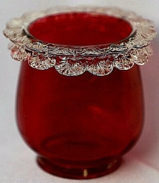 Vintage Victorian Cranberry Glass Jar Bowl Vase With Clear Frill Lace Trim