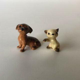 2 Vintage Antique Miniature Dollhouse Pets Hand Painted Dog Cat Porcelain