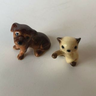2 Vintage Antique Miniature Dollhouse Pets Hand Painted Dog Cat Porcelain 2