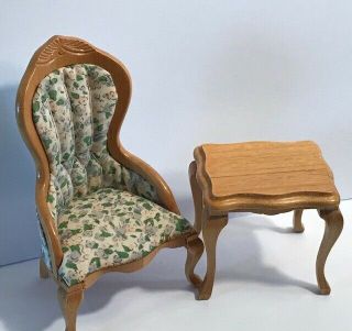 Vintage Miniature Dollhouse Furniture Floral Victorian Chair & End Table 1212b