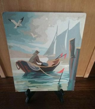 1 Vintage Paint By Number Fisherman In Boat Seagulls Sailboat Pier 8x10