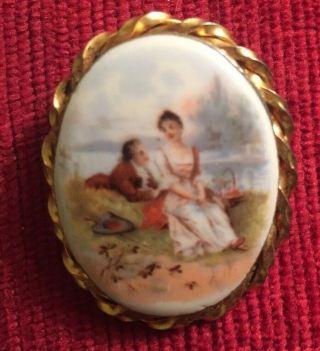 Antique Hand Painted On Porcelain Brooch Of Romantic Couple Sitting Lakeside
