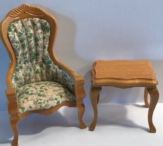 Vintage Miniature Dollhouse Furniture Floral Victorian Chair & End Table 1210a