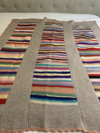 Vintage Handmade Heavy Crochet Throw Blanket 48x58 Tan With Multicolored Stripes