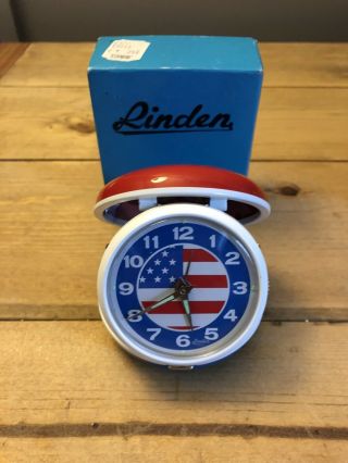 Linden Travel Alarm Clock Vintage Wind Up Japan Rare Usa American Flag
