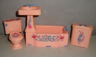 Vintage Renwal Pink Stenciled Bathroom Set Dollhouse
