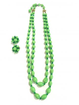 Rare Authentic Vintage Alice Caviness Green Beaded 2 Strand Necklace And Earring