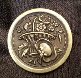 Antique White Metal Picture Button Victorian,  Wicker Basket W Flowers & Hat Lg.
