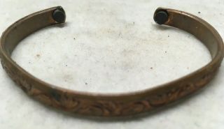 Antique Estate Vintage Solid Copper Cuff Bracelet Embossed Magnetic Tips