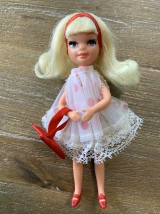 Vintage Tiny Teen Mini Doll 5 " Beau Time 1967 Uneeda Polka Dot Dress Vgc