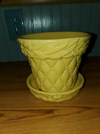 Vintage Antique Mccoy Pottery Yellow/gold Quilted Leaf Flower Pot W/ Saucer Usa