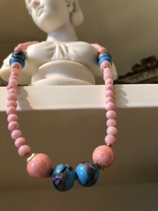 Antique Gorgeous Venetian Lampwork Pink Peking Glass Knotted Bead Necklace