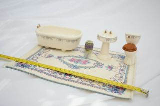 Dollhouse Miniature 1:12,  1” Bathroom Fixtures,  Tub,  Sink,  Toilet,  Vase,  Rug