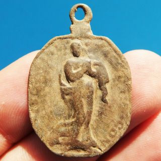 Antique Blessed Virgin Religious Medal Old 17th Century Holy Grail Pendant Found