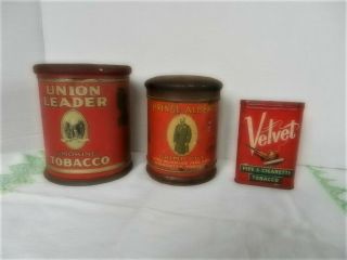 3 Antique Tobacco Tins Union Leader Prince Albert 1907 & Velvet Pocket Tin