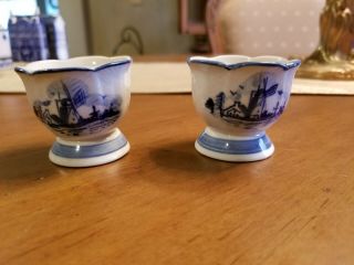 Set Of Two Delft Blue Hand Painted Windmill China Blue Egg Cups Antique Vintage